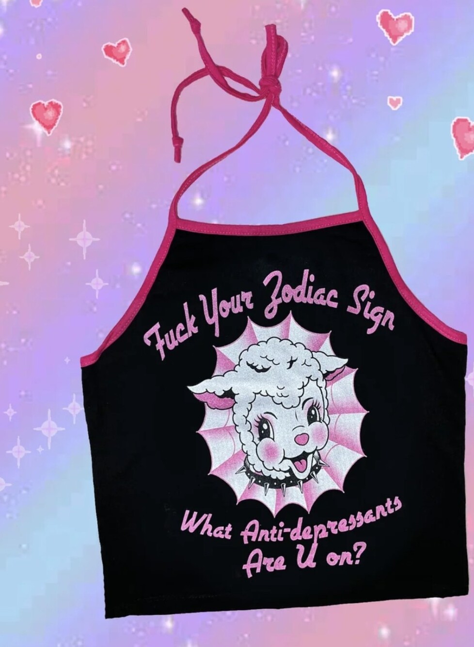 VERA'S EYE CANDY Black Halter Graphic Lamb Tank with Pink Trim- Cute Summer Top!